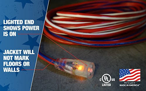 Red White and Blue 100-Feet 12/3 Extension Cord with Lighted End G56978