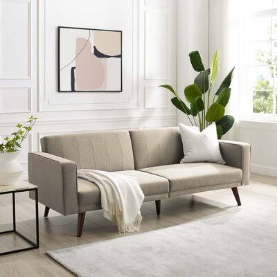 Beige Linen Square Arm Sofa Futon H3568