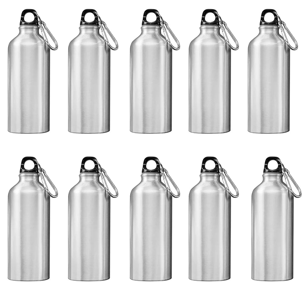 10pcs 600ml Aluminum Water Bottles Silver with Carabiner Hook O43807