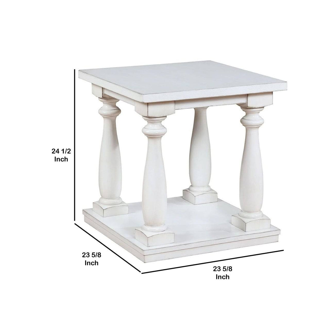 White Wooden End Table with Shelf and Turned Legs Q6145