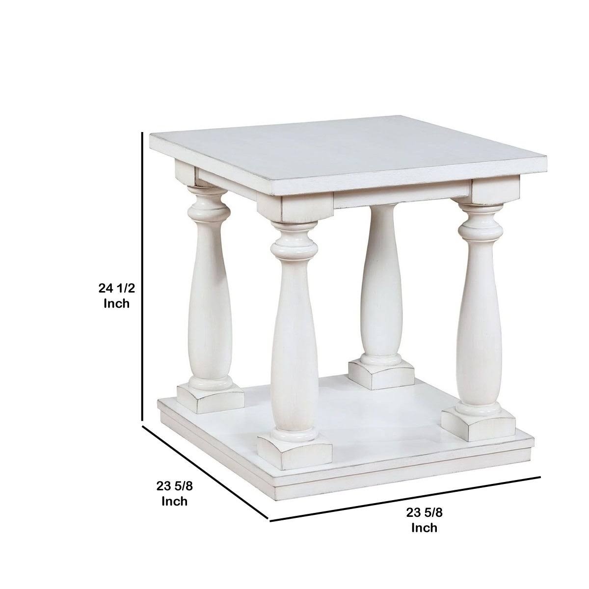 White Wooden End Table with Shelf and Turned Legs Q6145