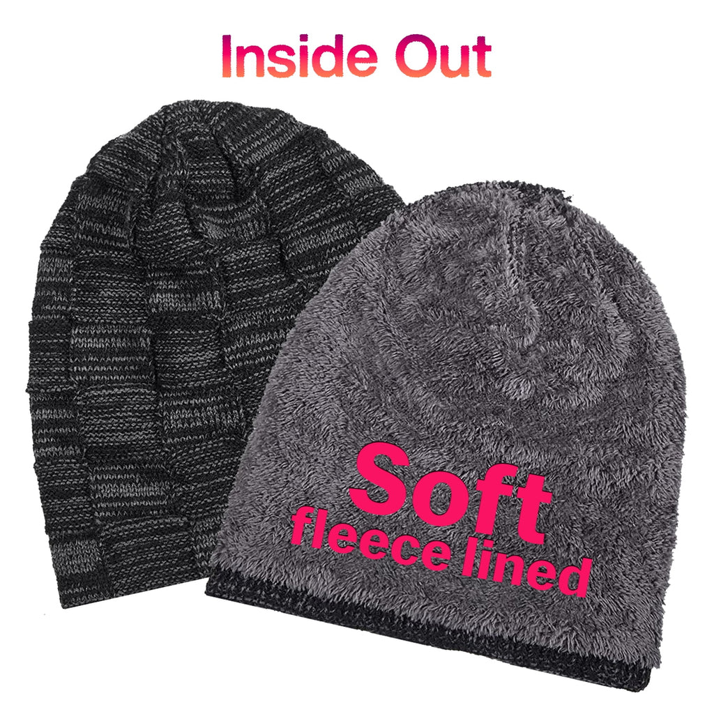 Black Fleece Lined Knit Winter Beanie Hat A9862