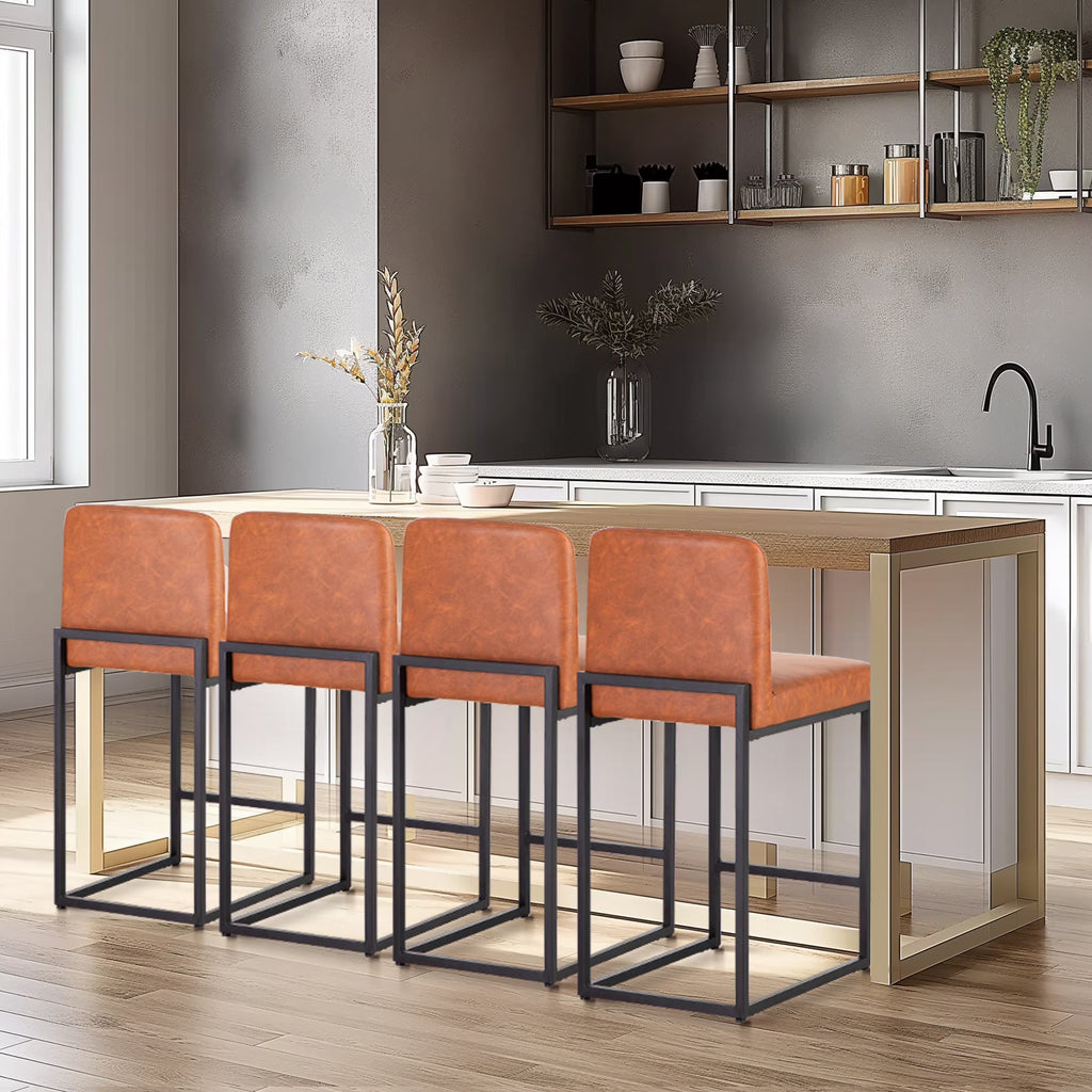 24" PU Leather Counter Height Bar Stool with Backrest Set of 4 Brown G47374