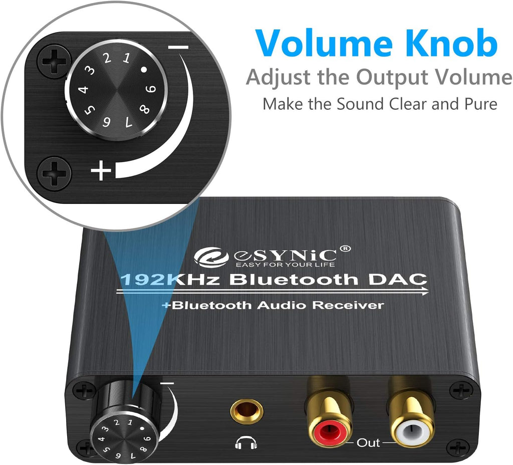 192kHz DAC Digital to Analog Audio Converter with Bluetooth 5.0 Receiver Volume Control Optical Coaxial Toslink RCA 3.5mm J200