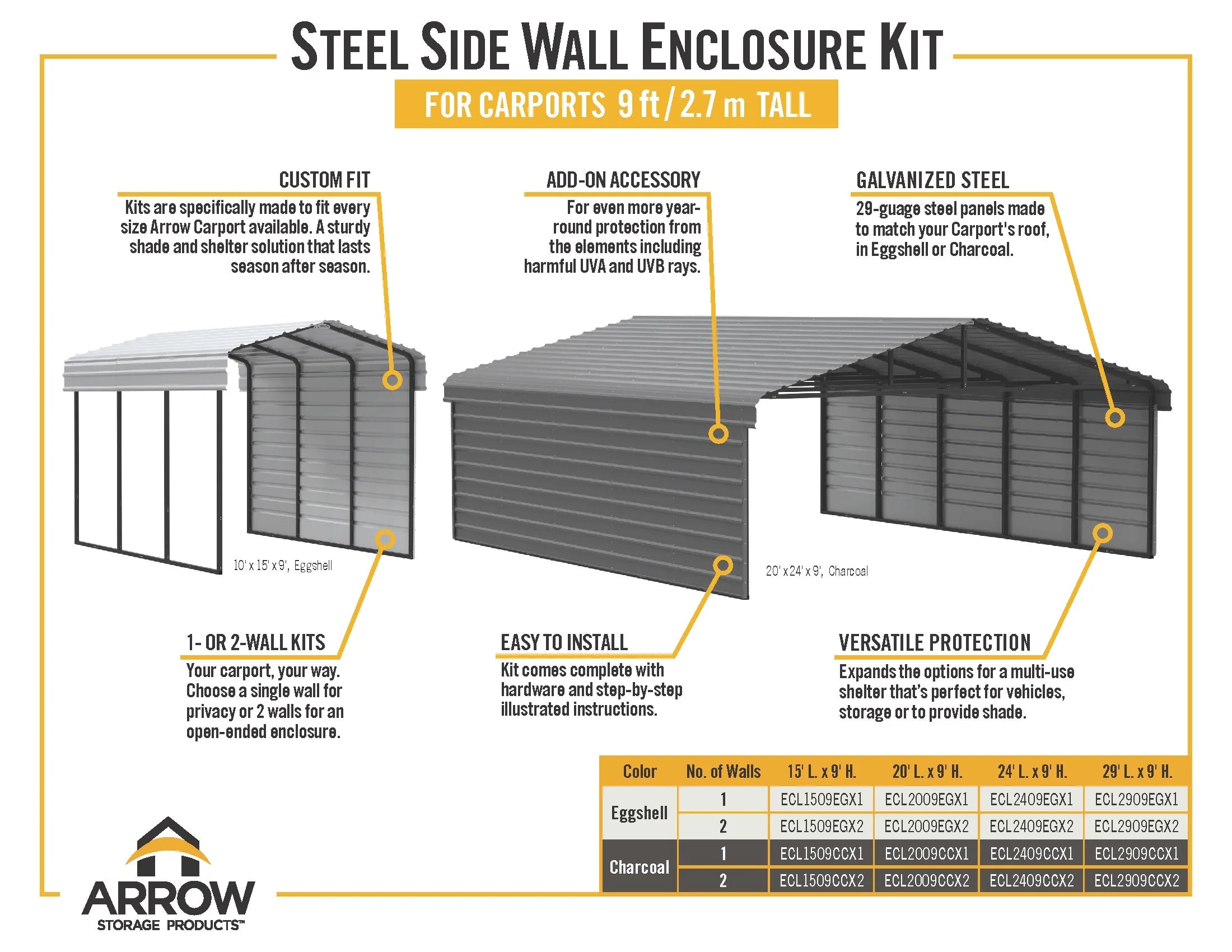 Galvanized Steel Carport Kit, 20' x 24' x 9', Charcoal E6652