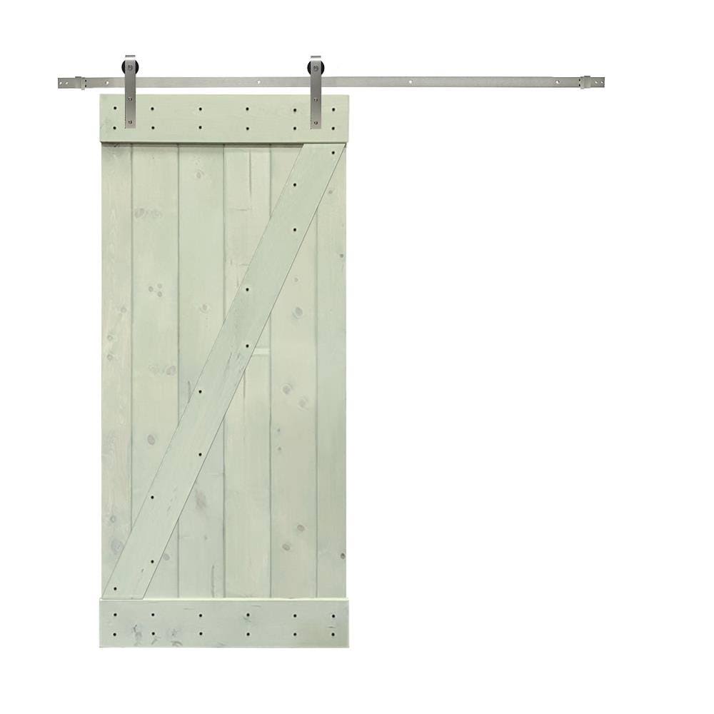 Sage Green Stained Wood Interior Sliding Barn Door with Hardware Kit I229194