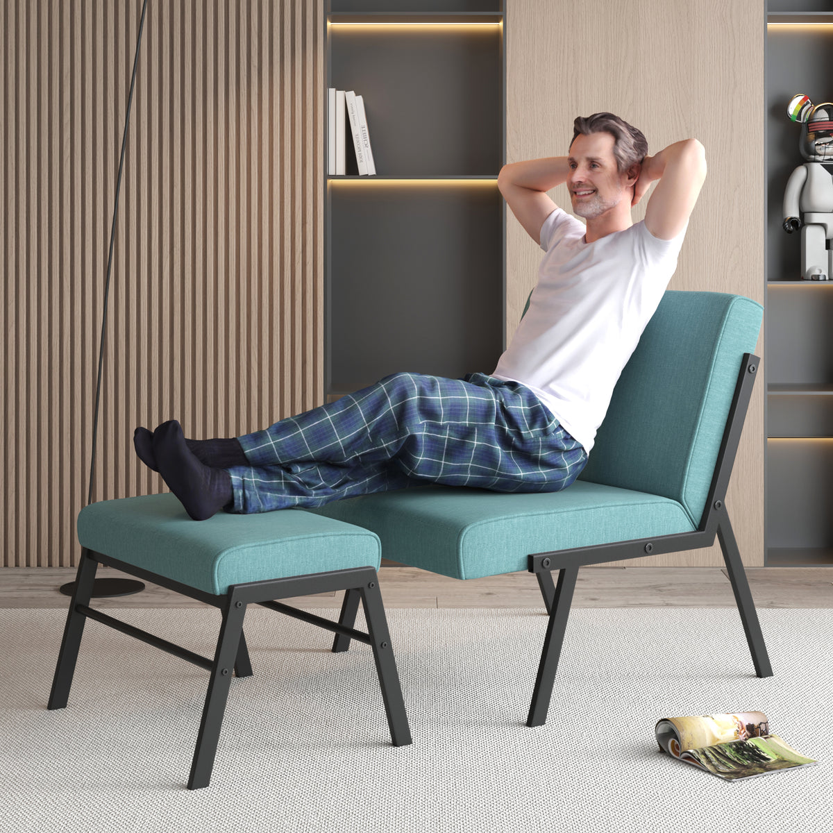 Green Linen Accent Chair with Ottoman V5288