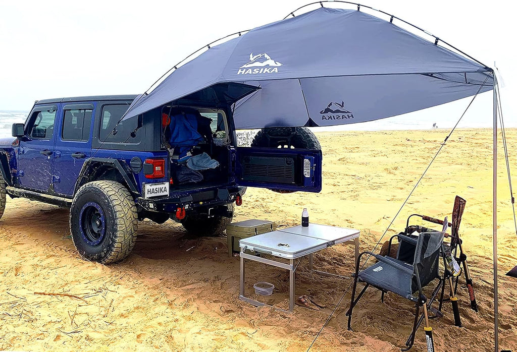 Teardrop Awning for SUV RVing, Car Camping, Trailer and Overlanding Light Weight Truck Canopy Durable Tear Resistant Tarp with 2 Sandbag M93675