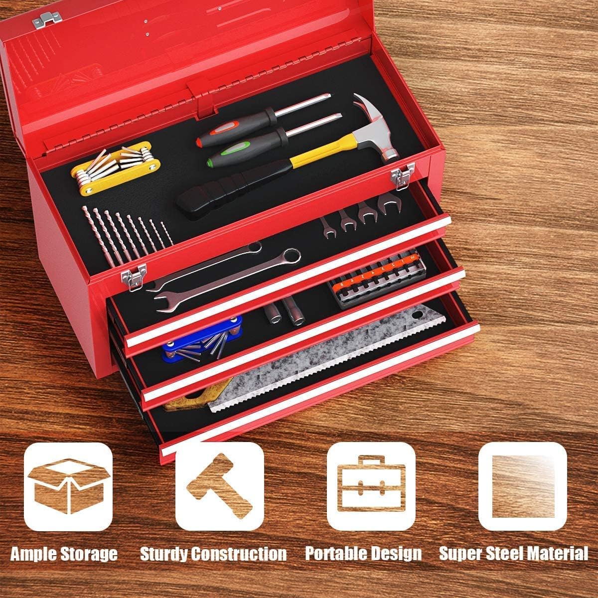 Red 3 Drawer Lockable Steel Tool Chest Cabinet with Top Tray G723