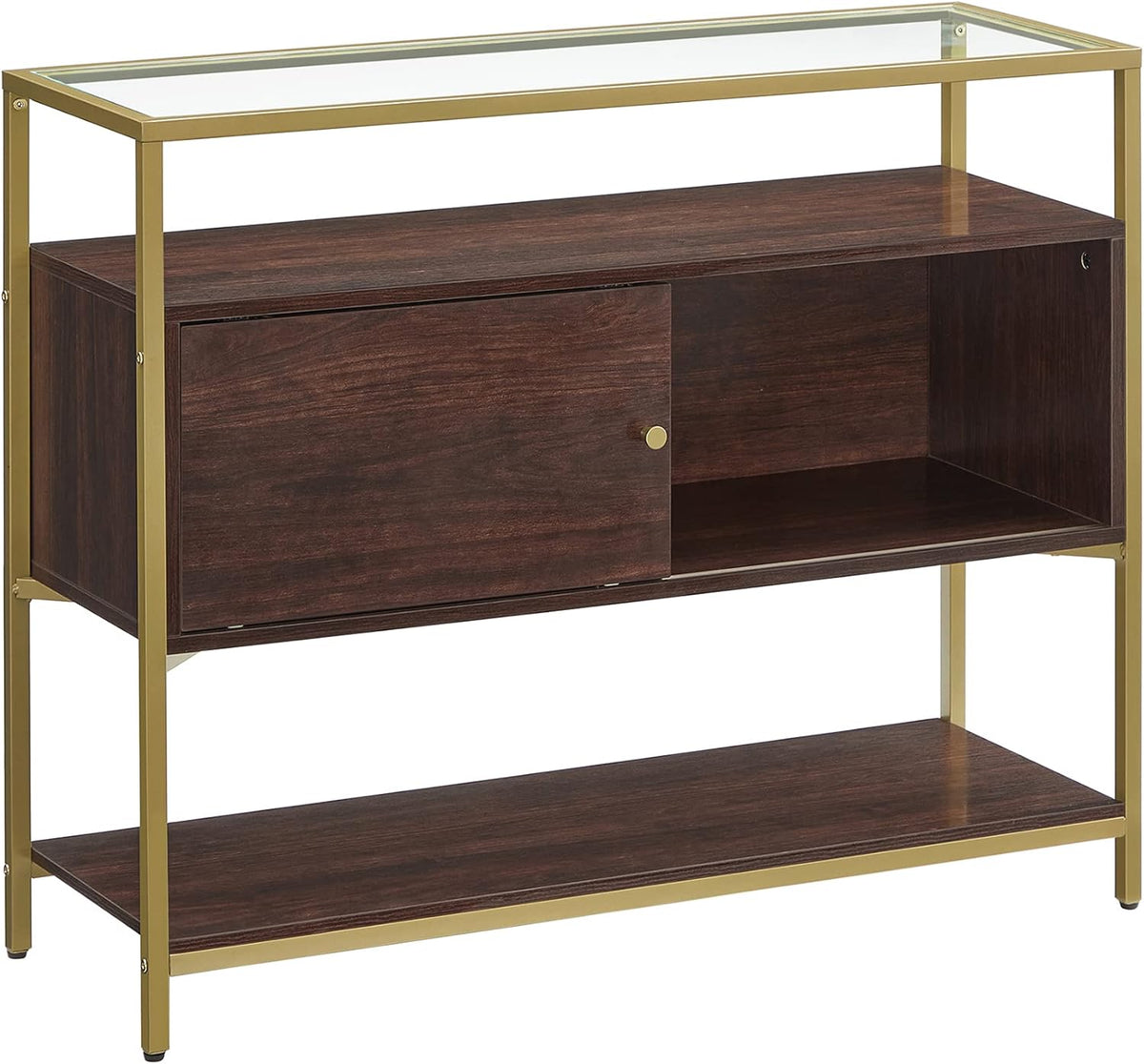 Chocolate Brown and Matte Gold Sideboard with Glass Top and Steel Frame U6061