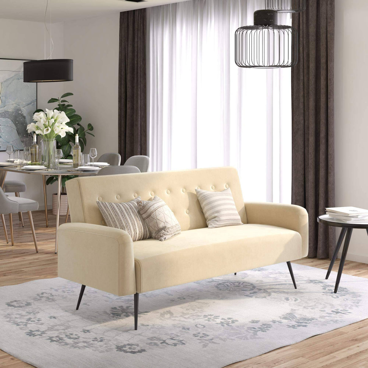 Ivory Velvet Convertible Sofa Bed Futon O5166