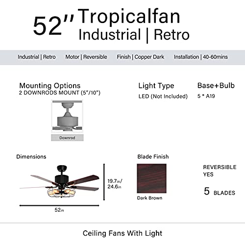 52" Black Ceiling Fan with Lights Remote Control Pull Chain 5 Reversible Blades A88185