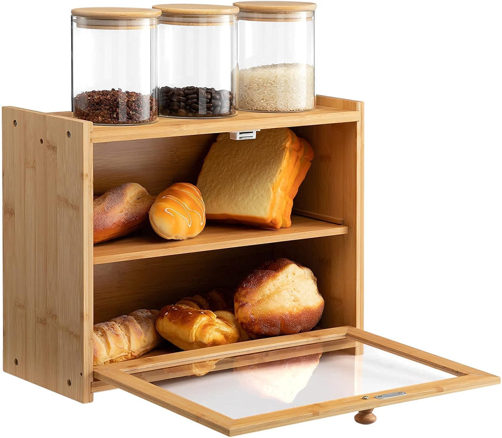 Bamboo Bread Box with 3 Cylindrical Glass Jars F195