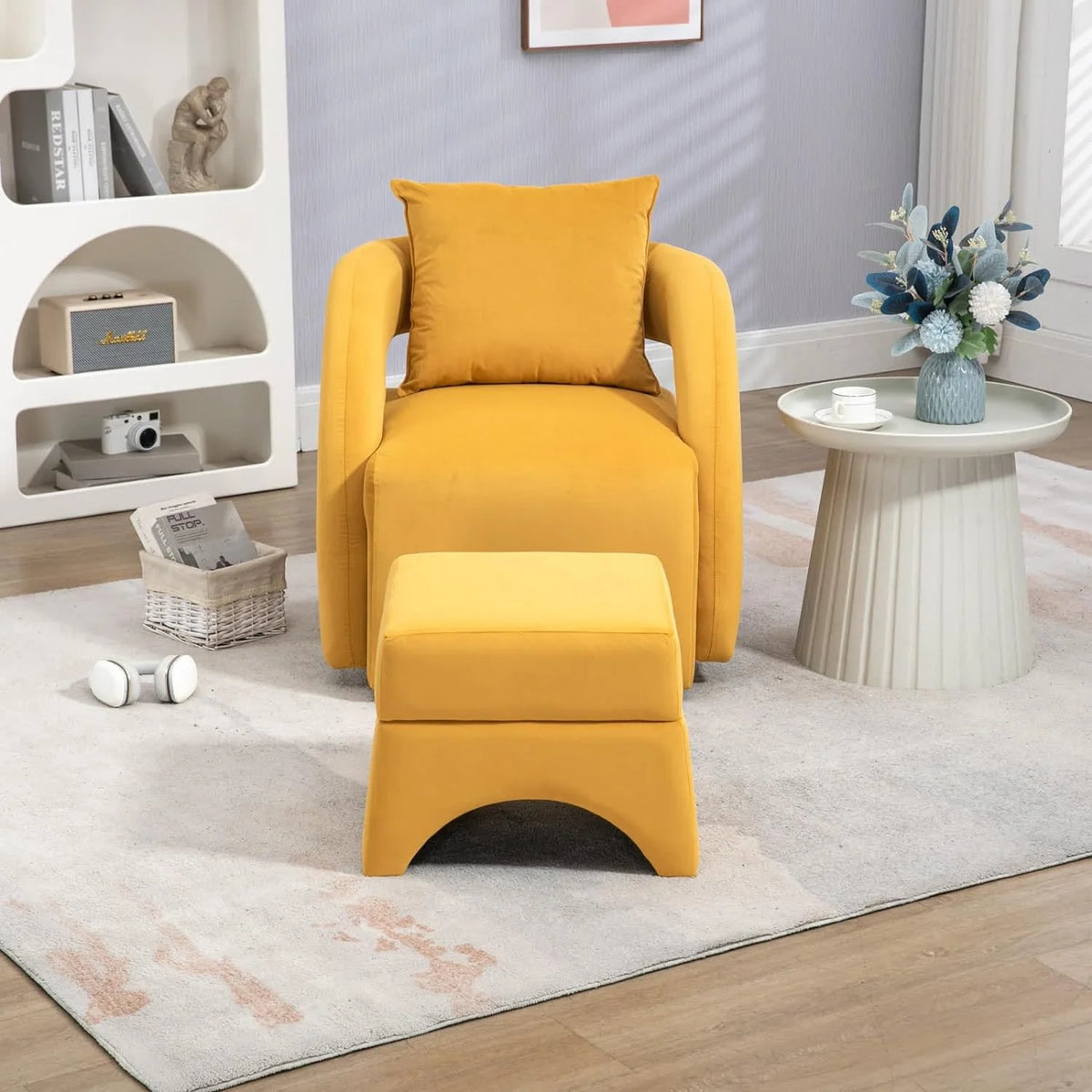 Yellow Velvet Accent Chair with Ottoman J26691