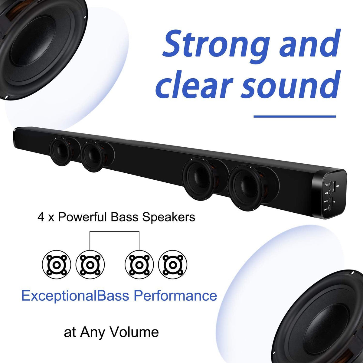 TV Sound Bar with 4 Driver Speakers, Optical/AUX/TF/USB Connection, Remote Control, Wall Mountable R9762
