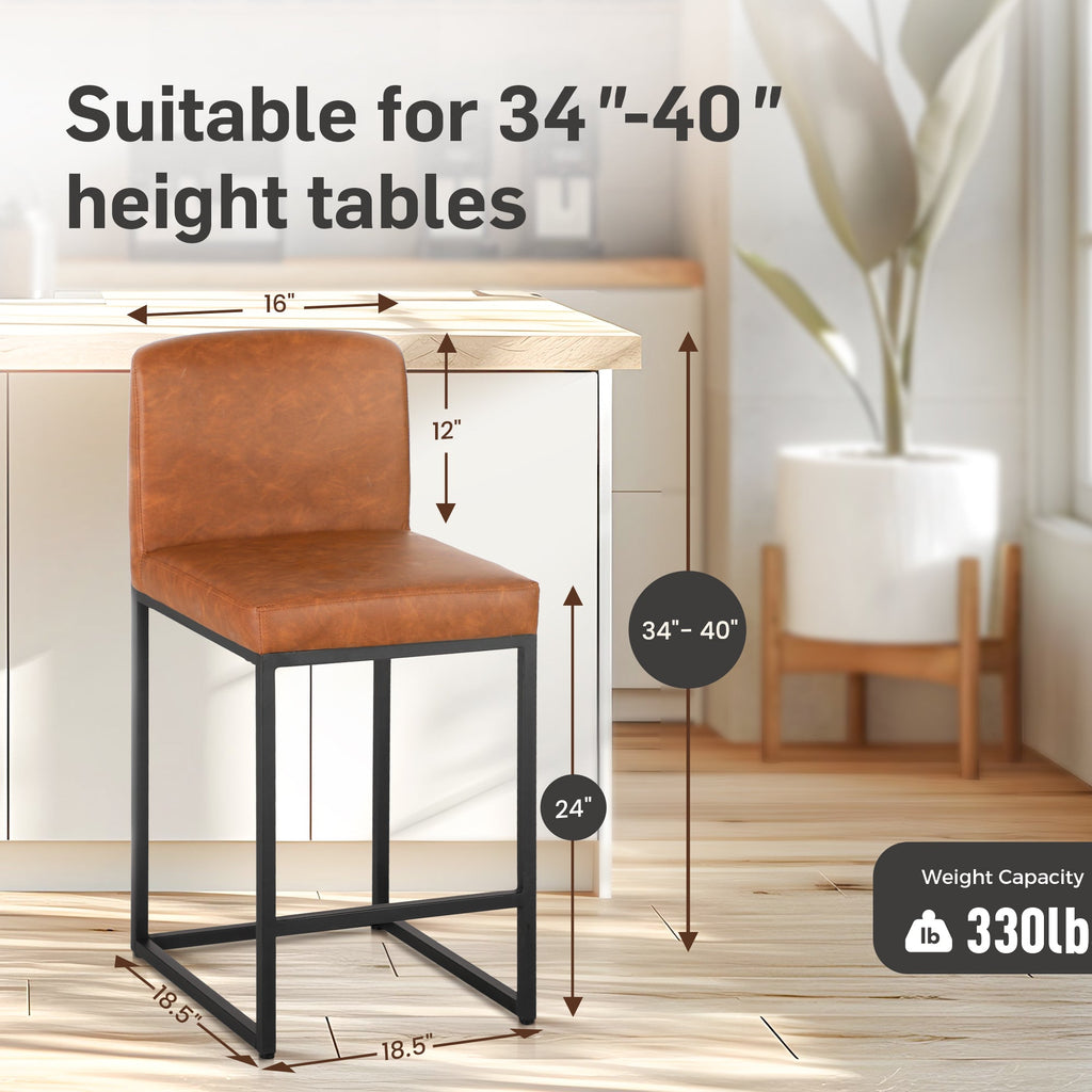 24" PU Leather Counter Height Bar Stool with Backrest Set of 4 Brown G47374