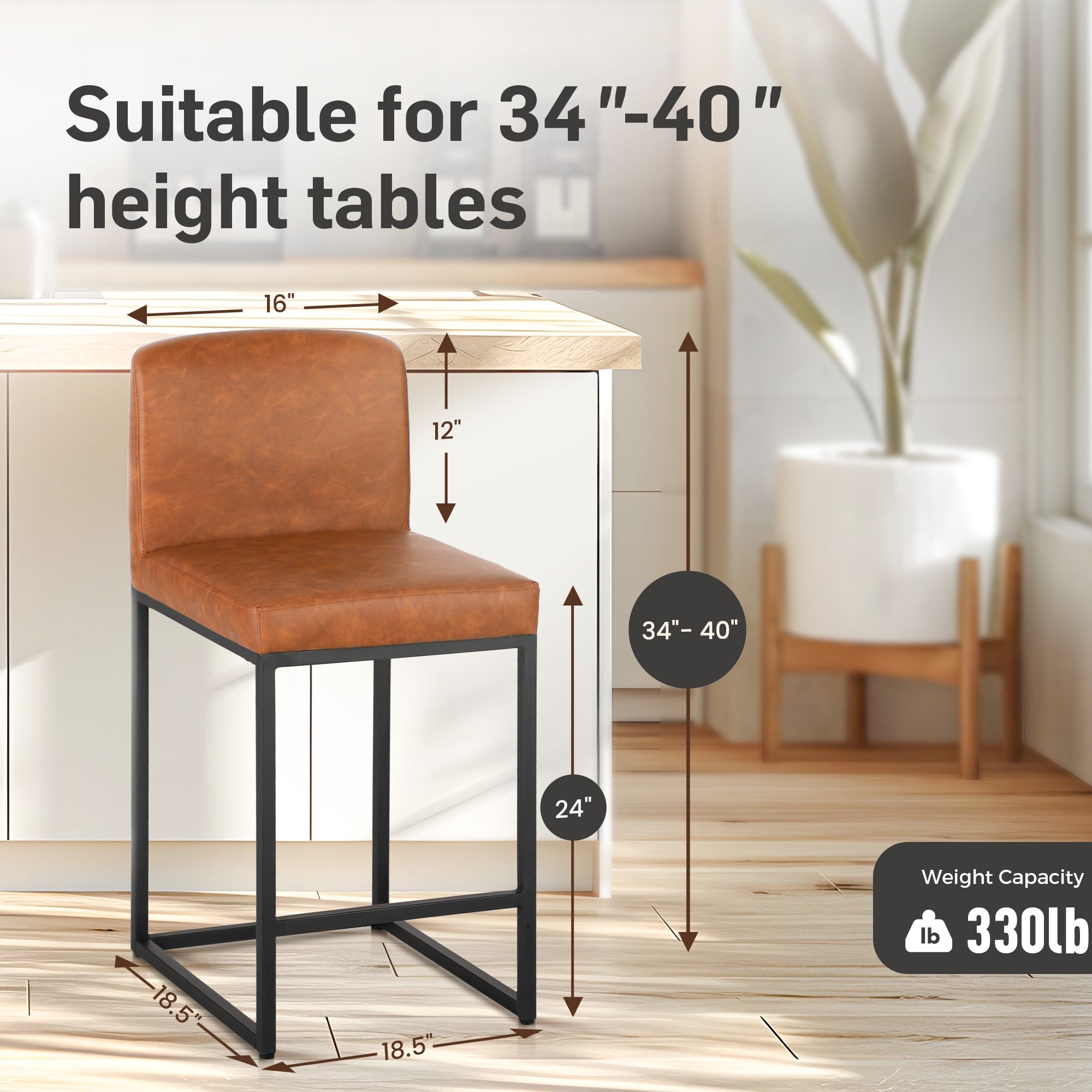 24" PU Leather Counter Height Bar Stool with Backrest Set of 4 Brown G47374