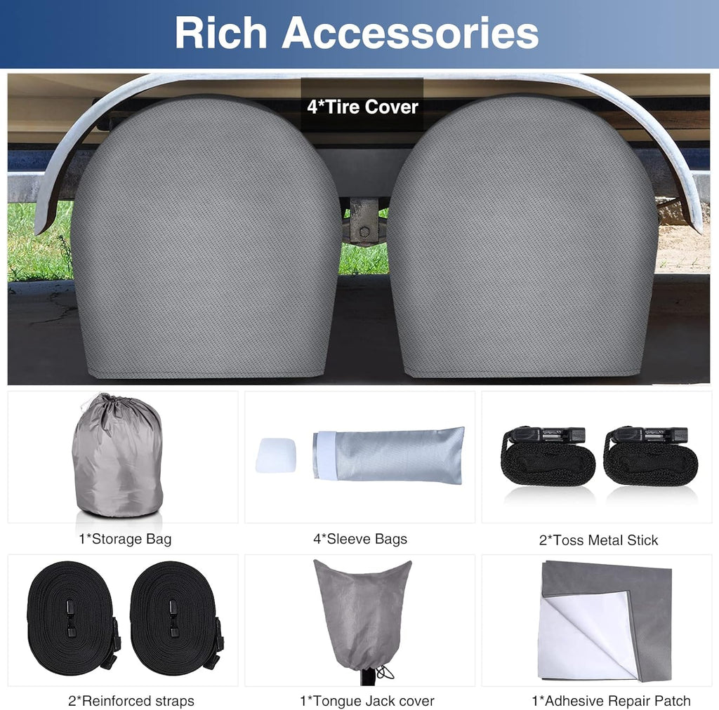 Upgraded Waterproof 500D Top Travel Trailer Cover with 4 Tire Covers, Tongue Jack Cover U834