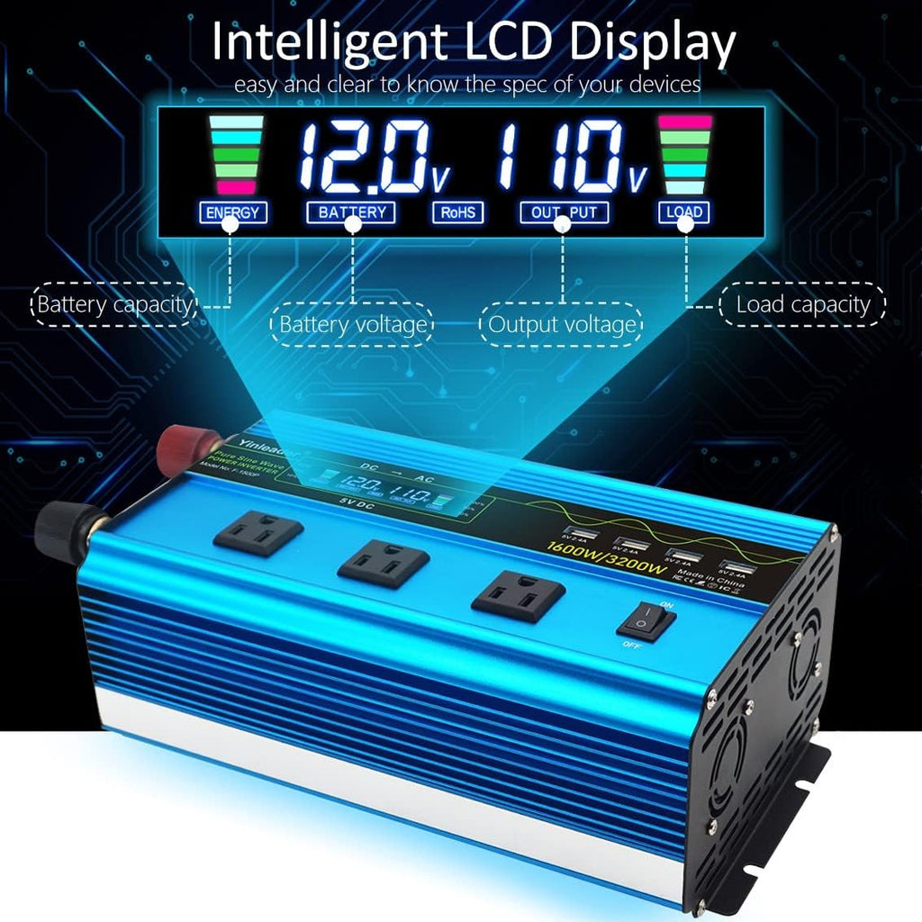 1600W Pure Sine Wave Power Inverter 12V to 110V with Wireless Remote Controller, LCD Display, 3 AC Outlets and 4 Fast Charge USB Ports M506644