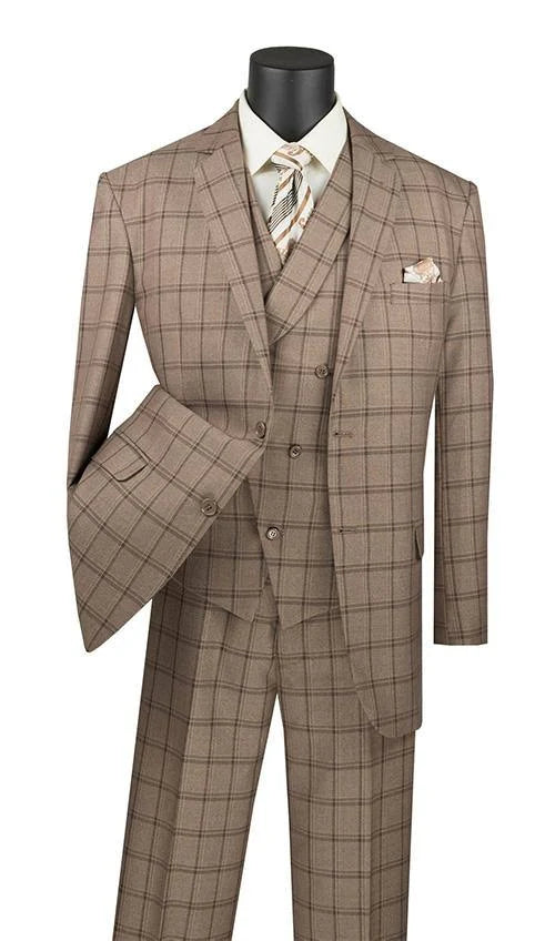 Khaki Regular Fit Windowpane Suit 3 Piece 42 Long 36 Waist V2786