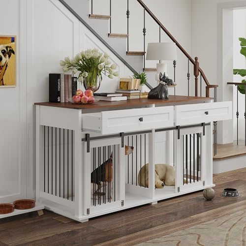 White Wooden Double Dog Crate Furniture with 2 Drawers G909960