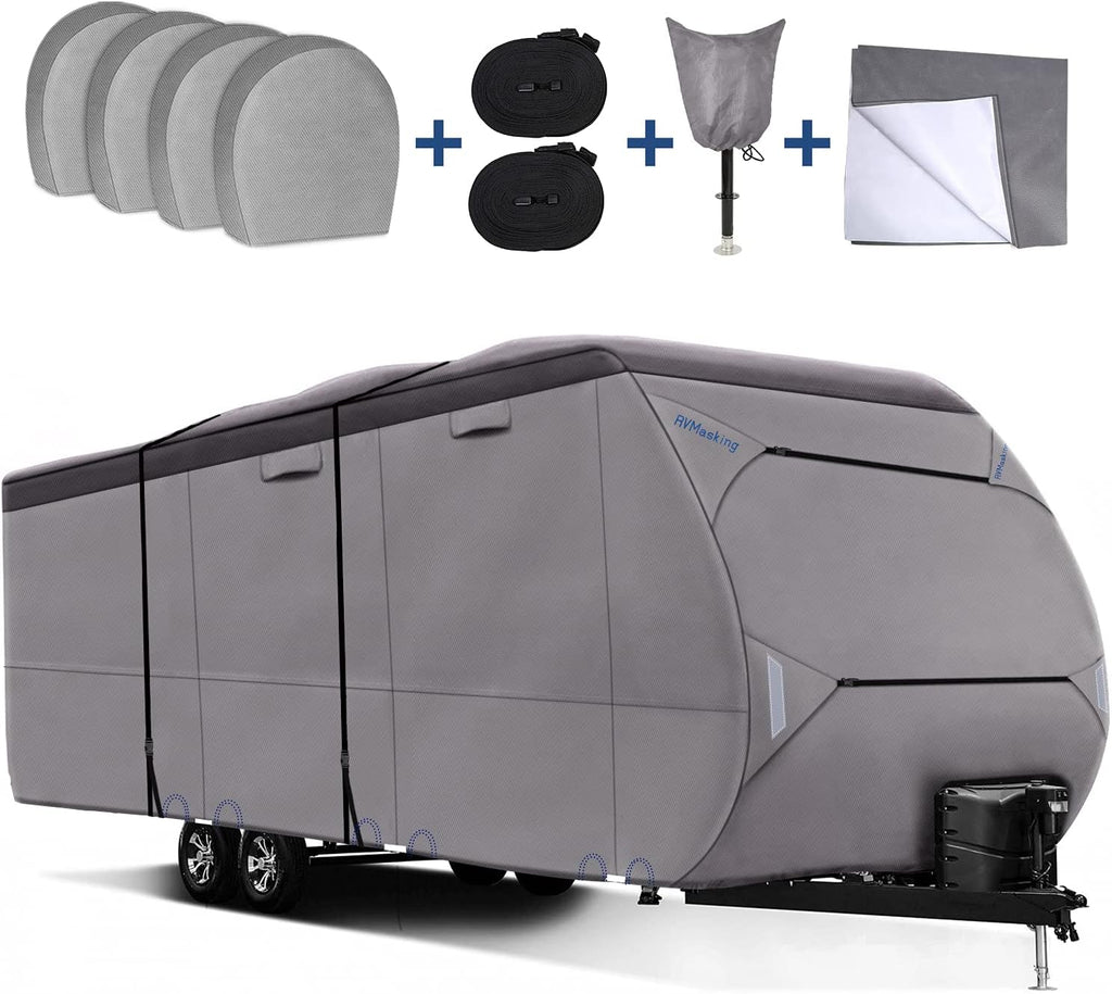 Upgraded Waterproof 500D Top Travel Trailer Cover with 4 Tire Covers, Tongue Jack Cover U834