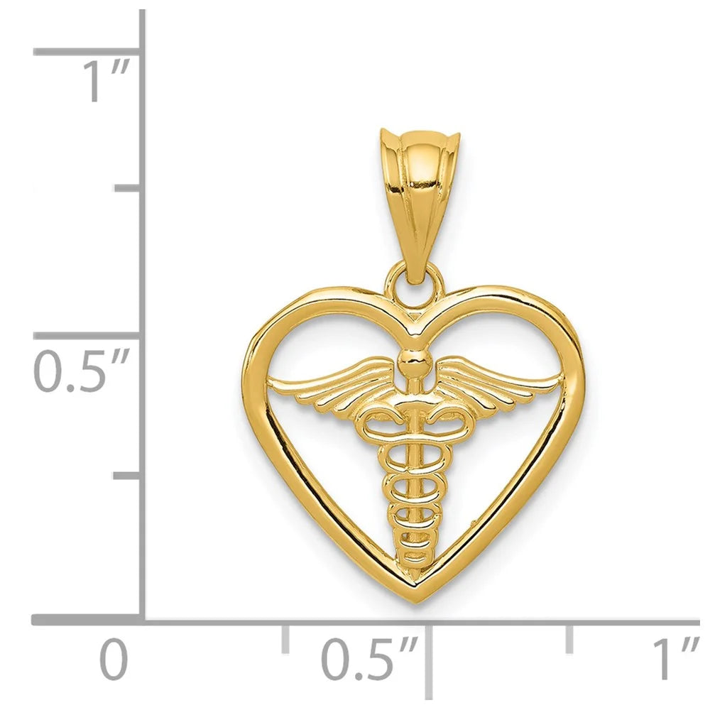 14K Yellow Gold Caduceus Heart Pendant C998