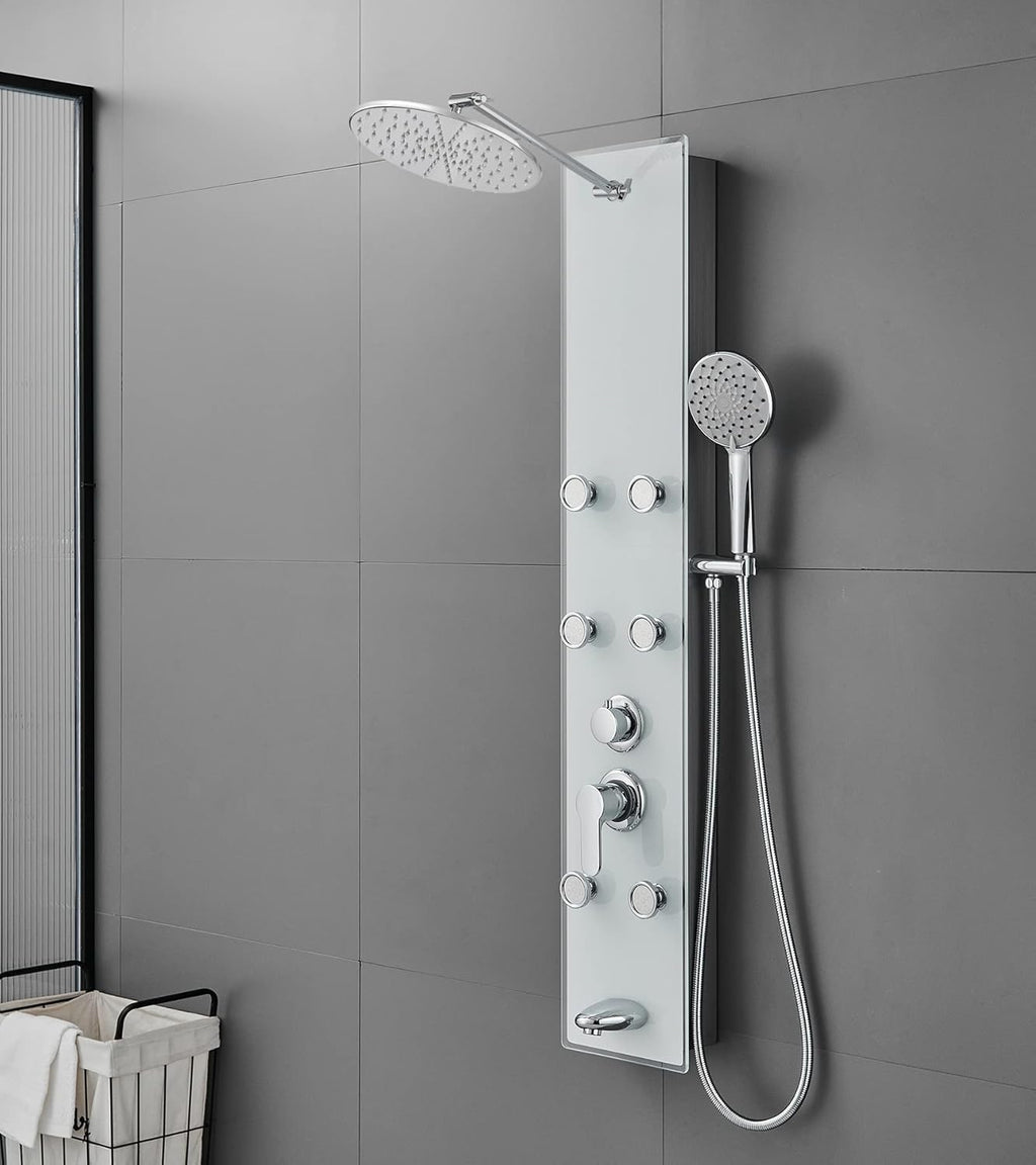 Tempered Glass Shower Panel System with Rainfall Shower, 6 Body Jets, Handheld Wand and Tub Spout A396