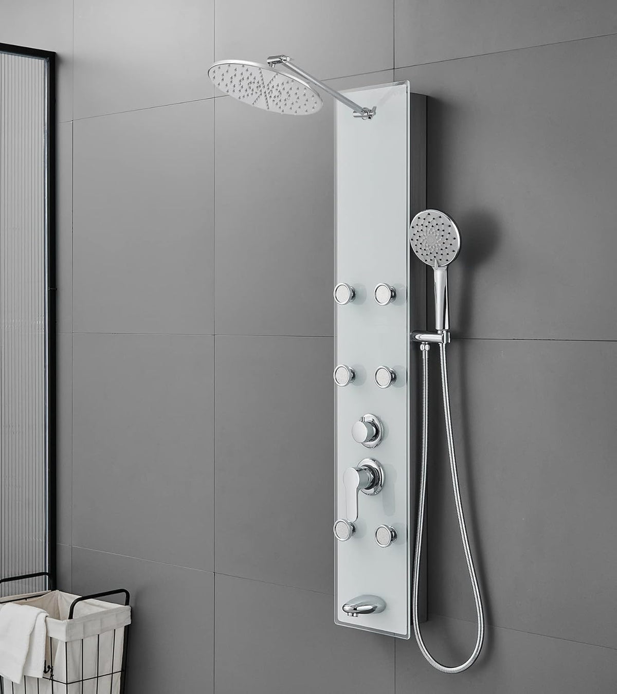 Tempered Glass Shower Panel System with Rainfall Shower, 6 Body Jets, Handheld Wand and Tub Spout A396