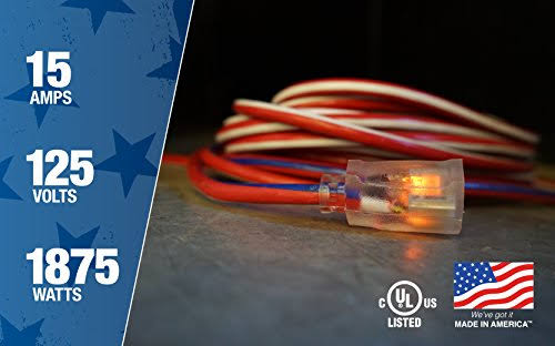 Red White and Blue 100-Feet 12/3 Extension Cord with Lighted End G56978