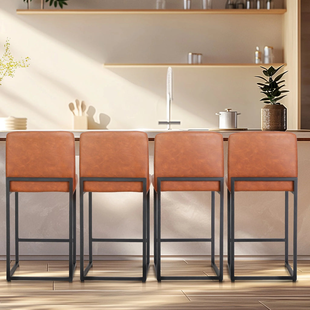 24" PU Leather Counter Height Bar Stool with Backrest Set of 4 Brown G47374