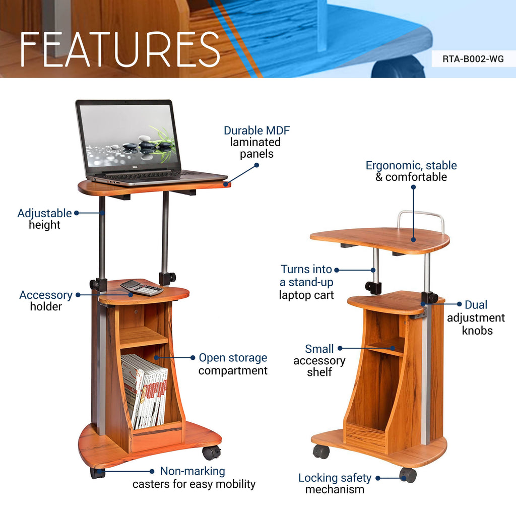Woodgrain Rolling Adjustable Height Laptop Cart with Storage E8806