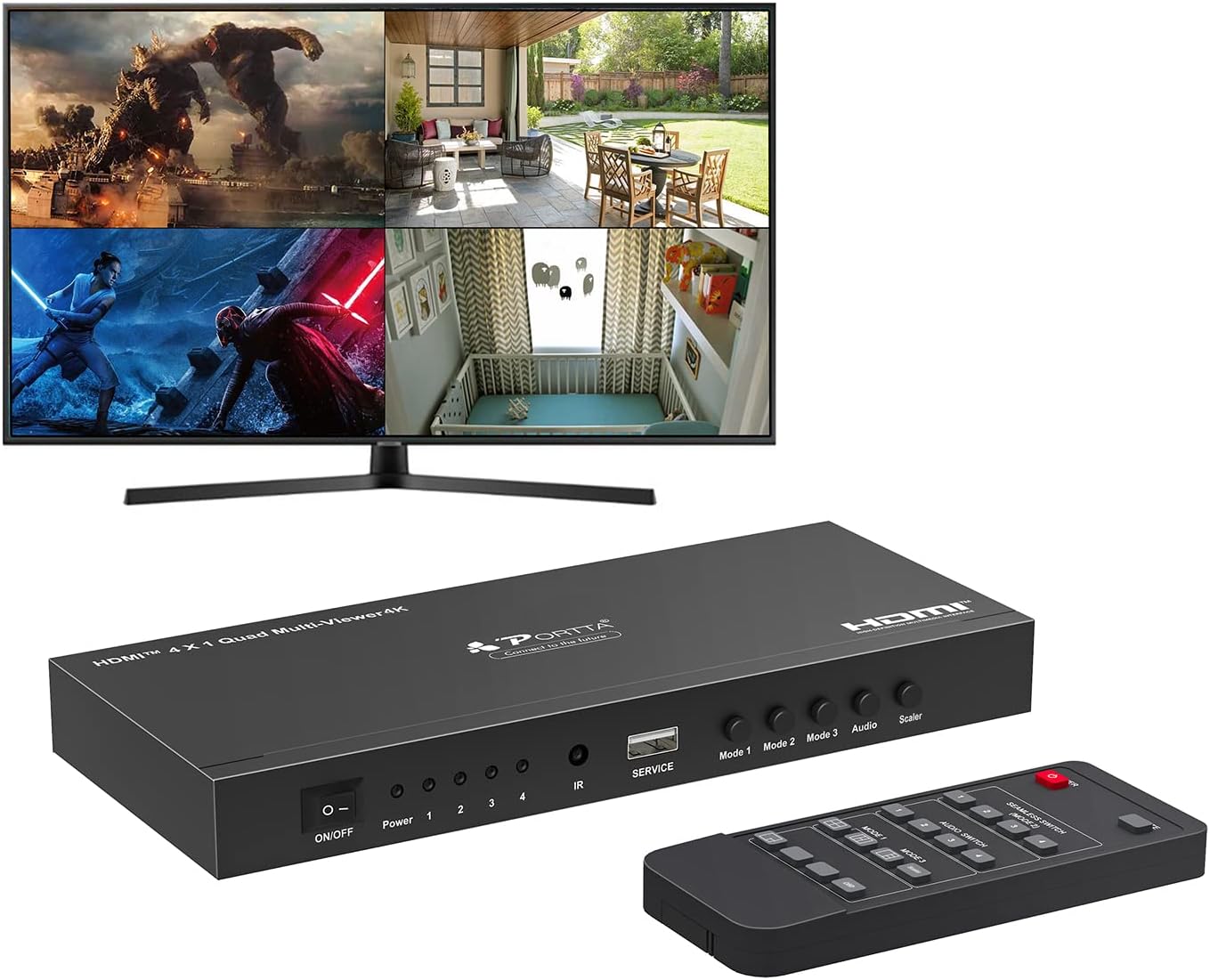 HDMI Multiviewer Switch 4x1, Quad Multi-Viewer Seamless Switcher 4 in 1 Out with Loop, Audio Extractor to Stereo, 1080p, 5 Viewing Modes U6242