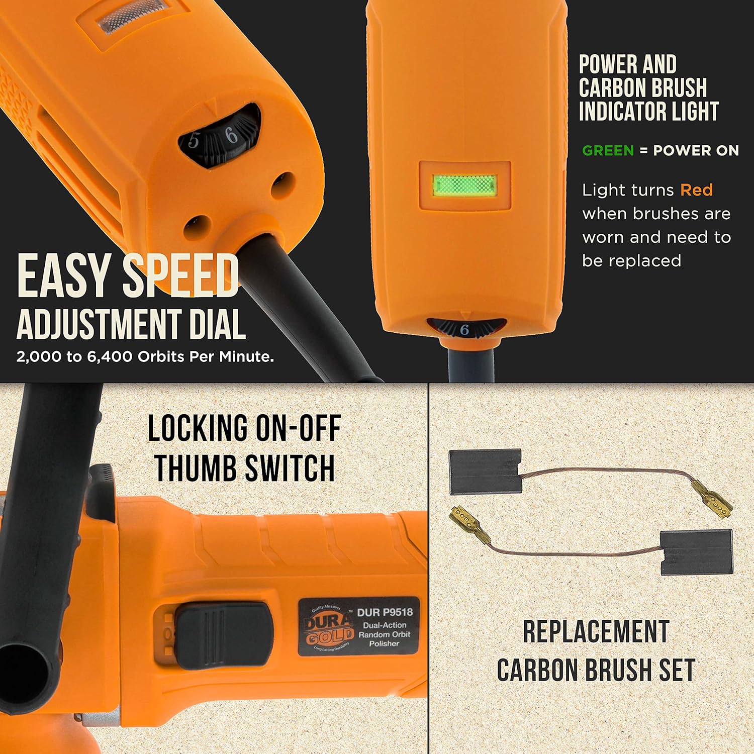 6" Random Orbit Dual-Action Polisher Buffer Sander with 8 Pad Kit, Variable Speed 2000 to 6400 OPM, 750 Watts A22441