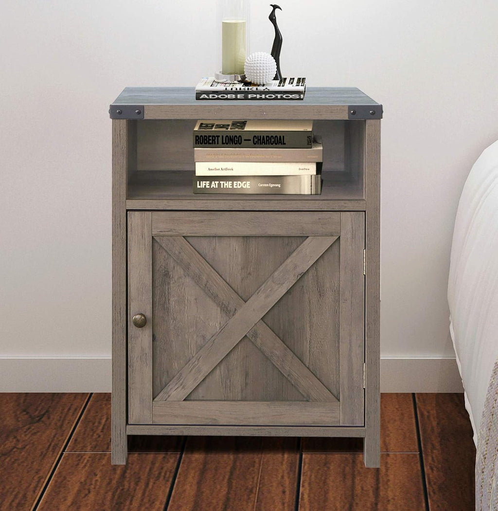Farmhouse End Table with Cabinet and Shelves, Shaded Oak H4551