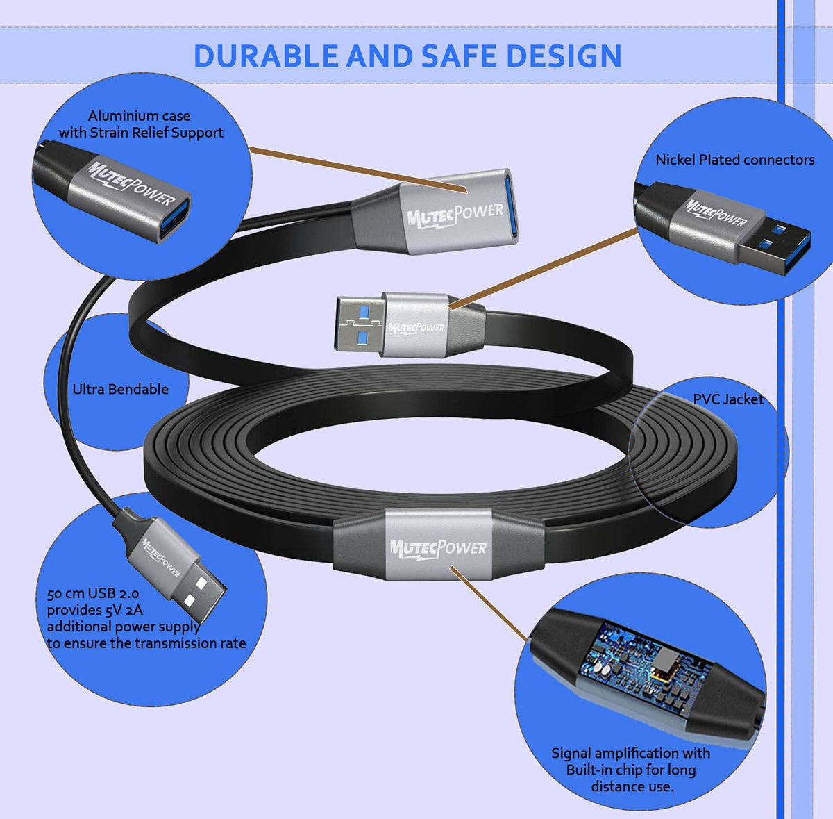 Black 50 Feet Active USB 3.0 Male to Female Extension Cable with 2 Boosters C979519