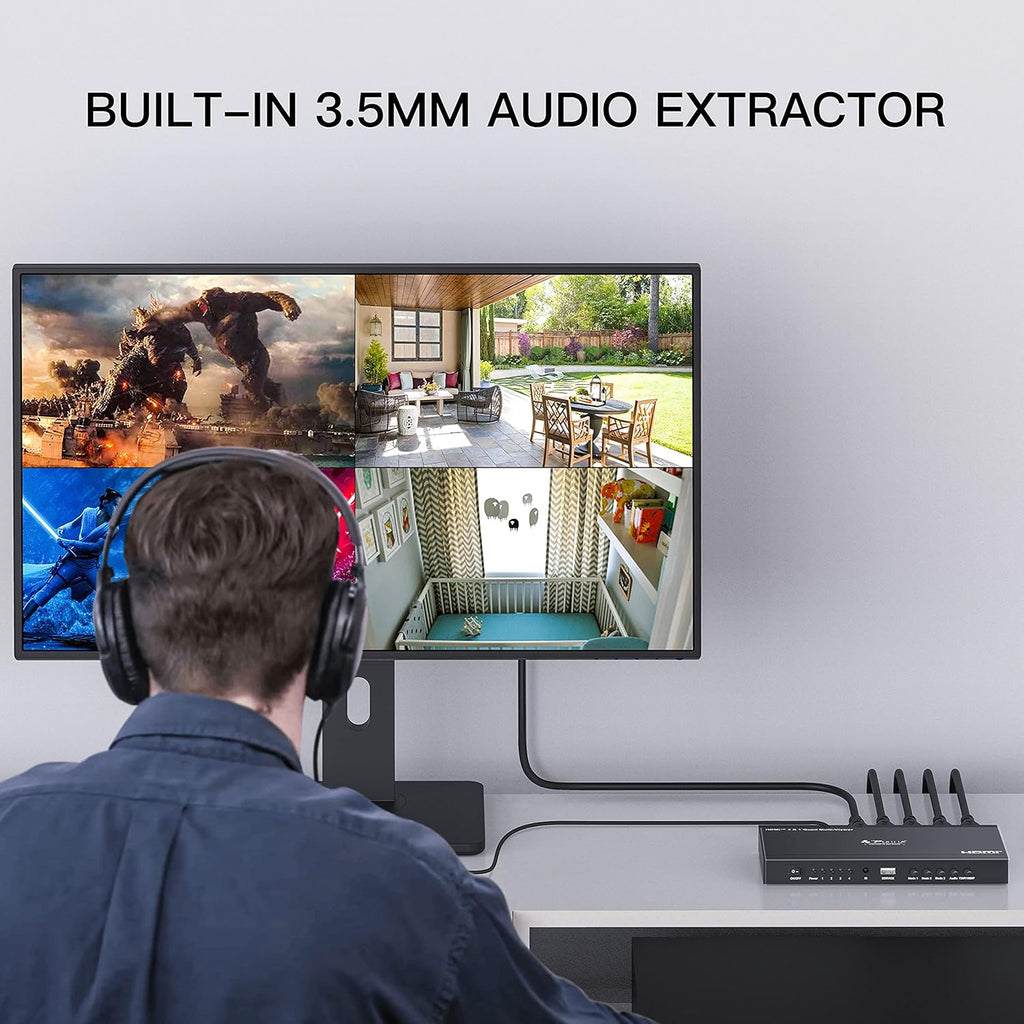 HDMI Multiviewer Switch 4x1, Quad Multi-Viewer Seamless Switcher 4 in 1 Out with Loop, Audio Extractor to Stereo, 1080p, 5 Viewing Modes U6242