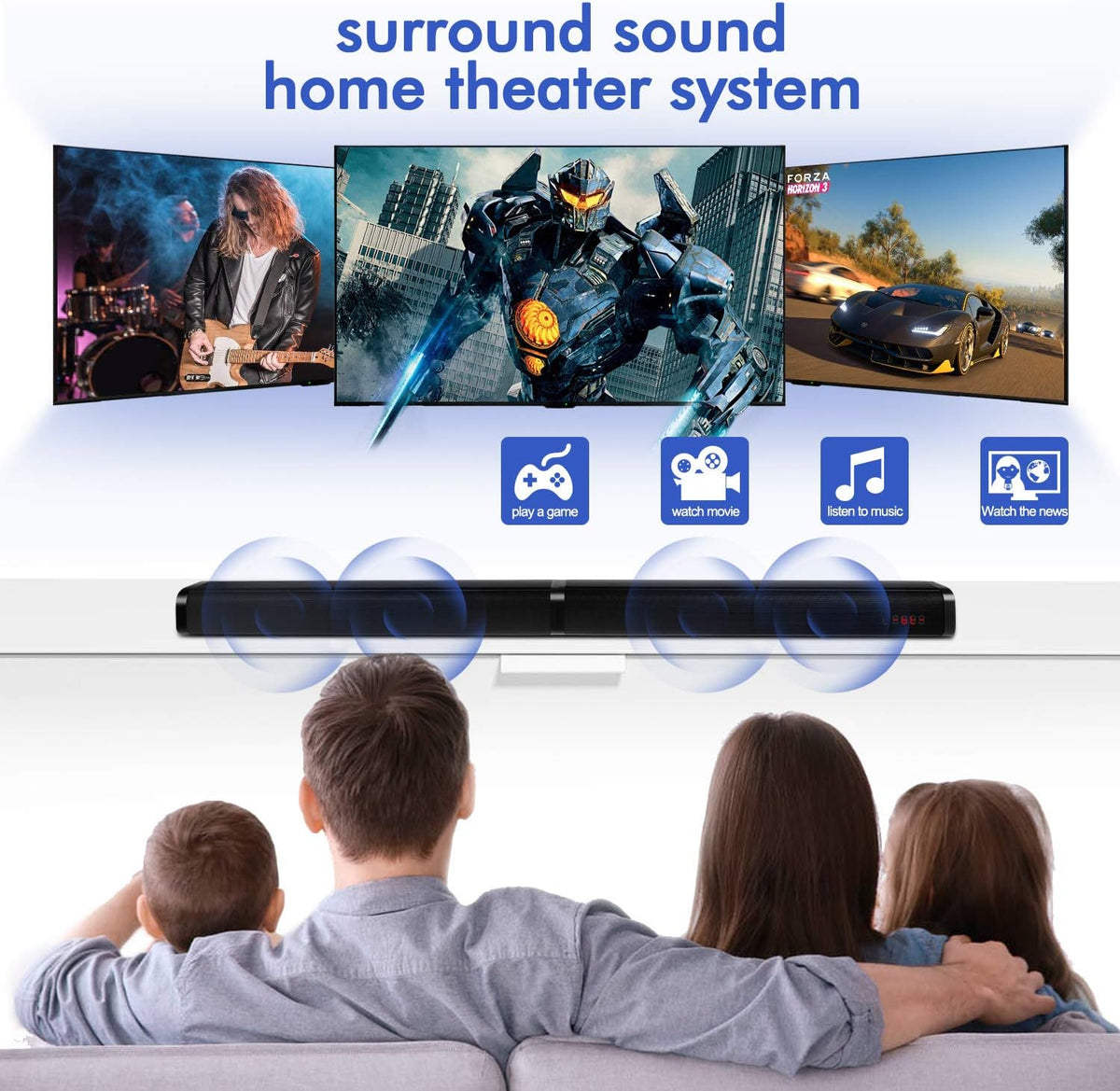 TV Sound Bar with 4 Driver Speakers, Optical/AUX/TF/USB Connection, Remote Control, Wall Mountable R9762