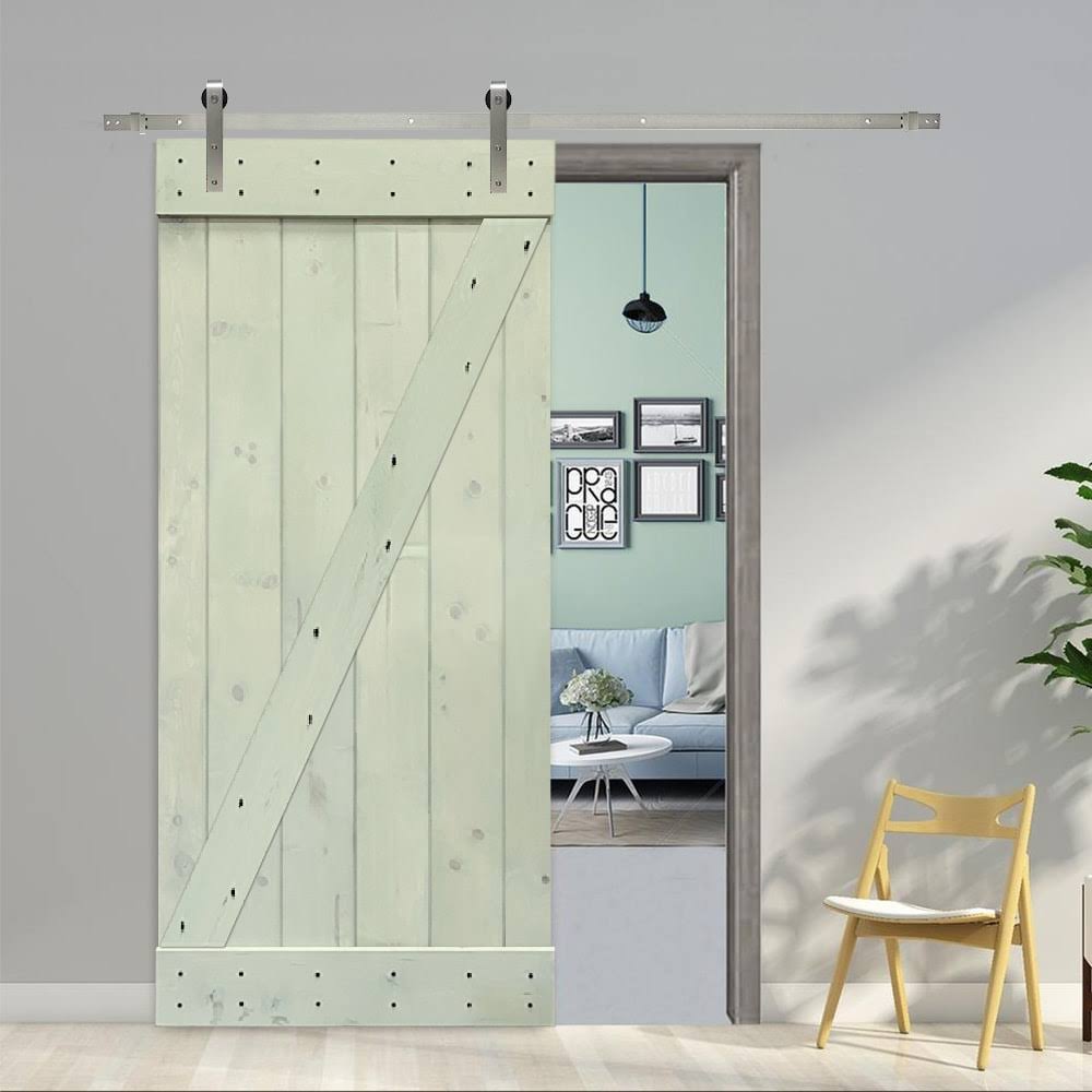 Sage Green Stained Wood Interior Sliding Barn Door with Hardware Kit I229194