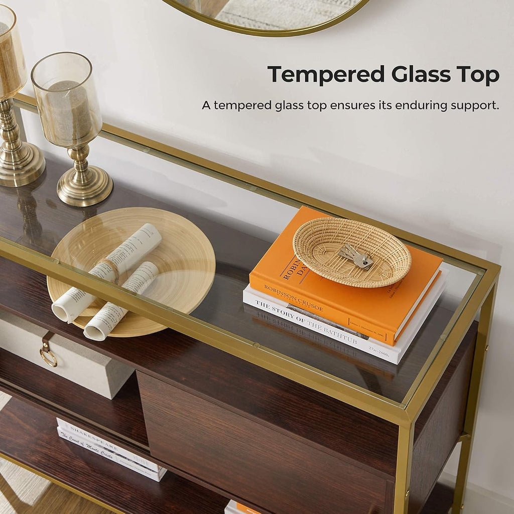 Chocolate Brown and Matte Gold Sideboard with Glass Top and Steel Frame U6061