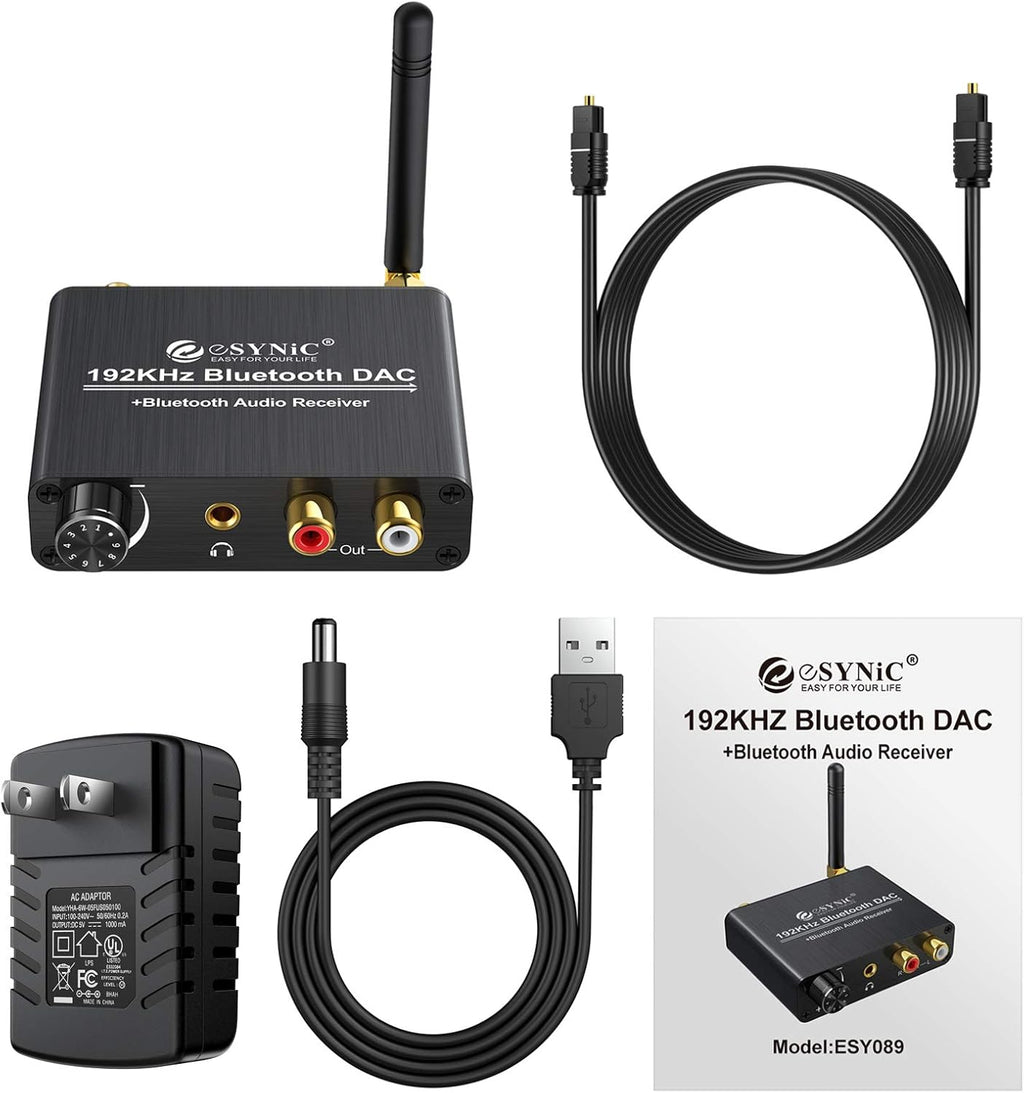 192kHz DAC Digital to Analog Audio Converter with Bluetooth 5.0 Receiver Volume Control Optical Coaxial Toslink RCA 3.5mm J200
