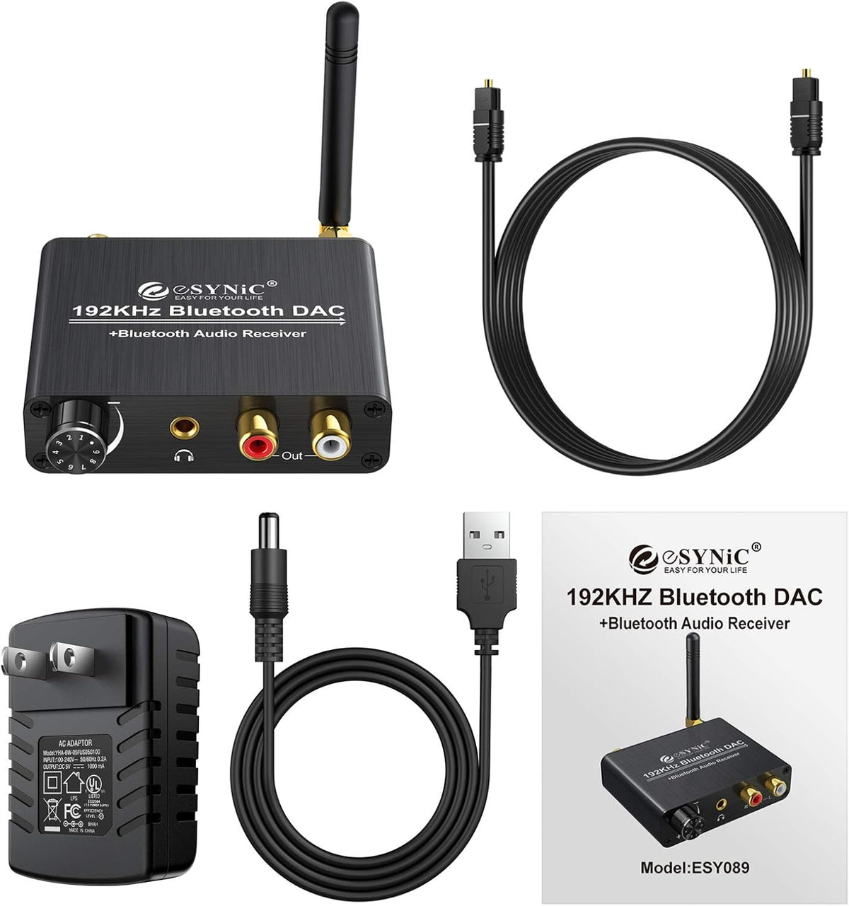 192kHz DAC Digital to Analog Audio Converter with Bluetooth 5.0 Receiver Volume Control Optical Coaxial Toslink RCA 3.5mm J200