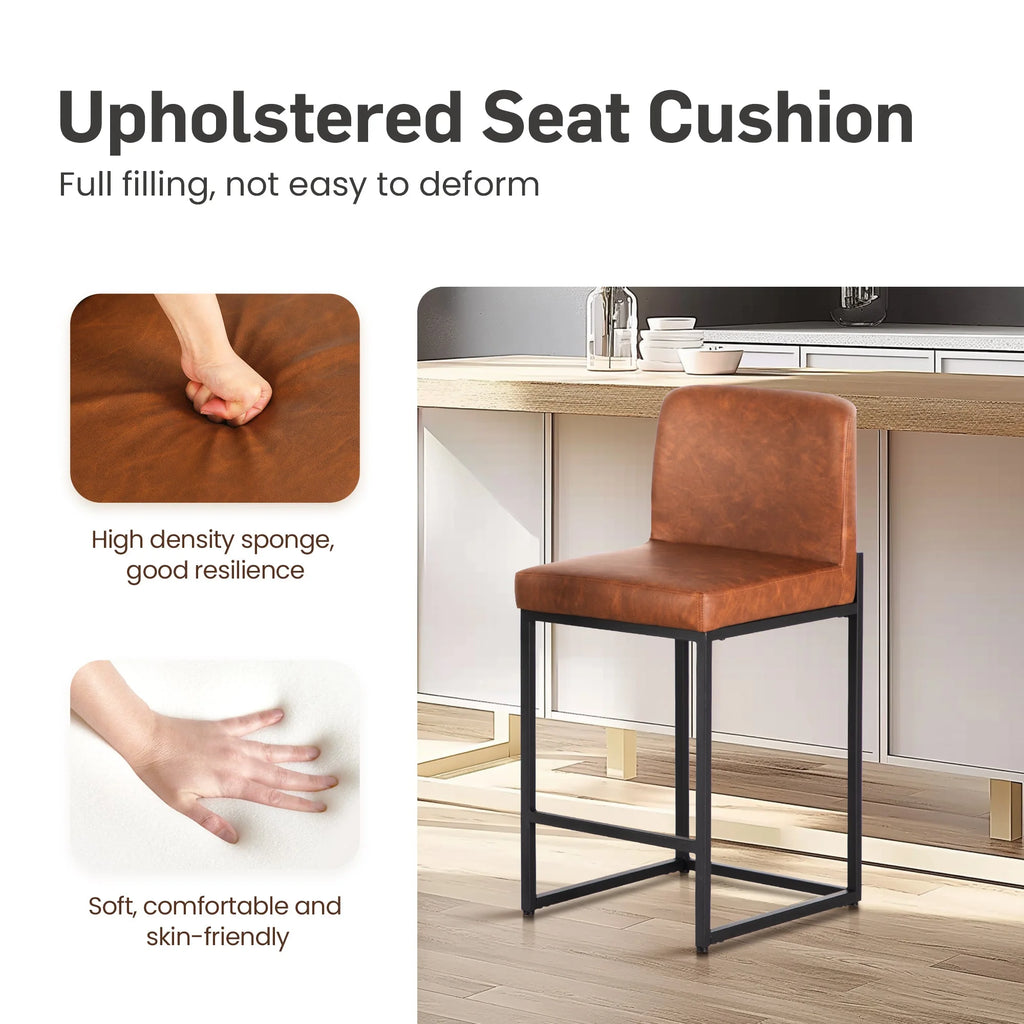 24" PU Leather Counter Height Bar Stool with Backrest Set of 4 Brown G47374