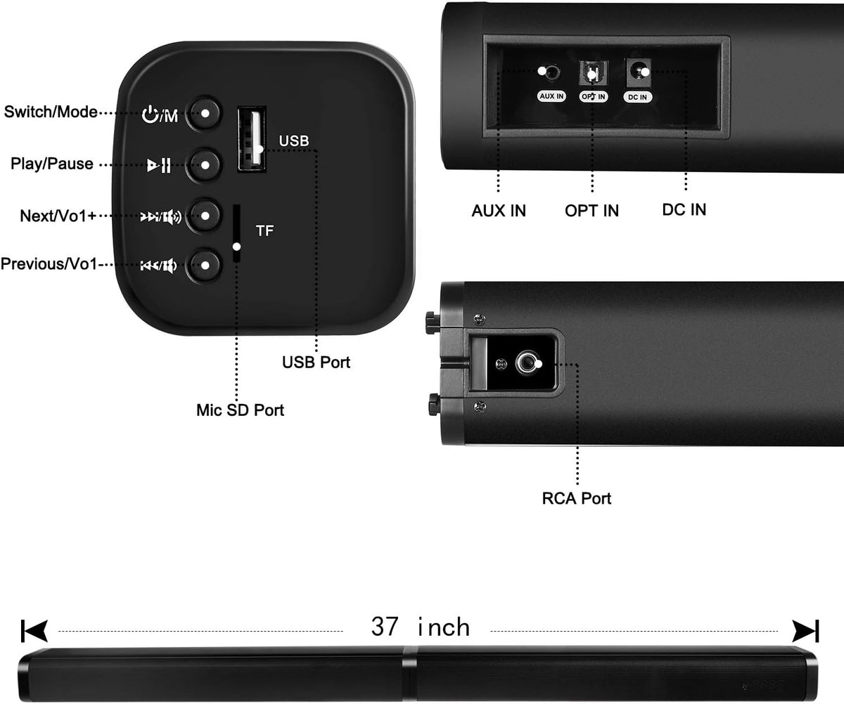 TV Sound Bar with 4 Driver Speakers, Optical/AUX/TF/USB Connection, Remote Control, Wall Mountable R9762