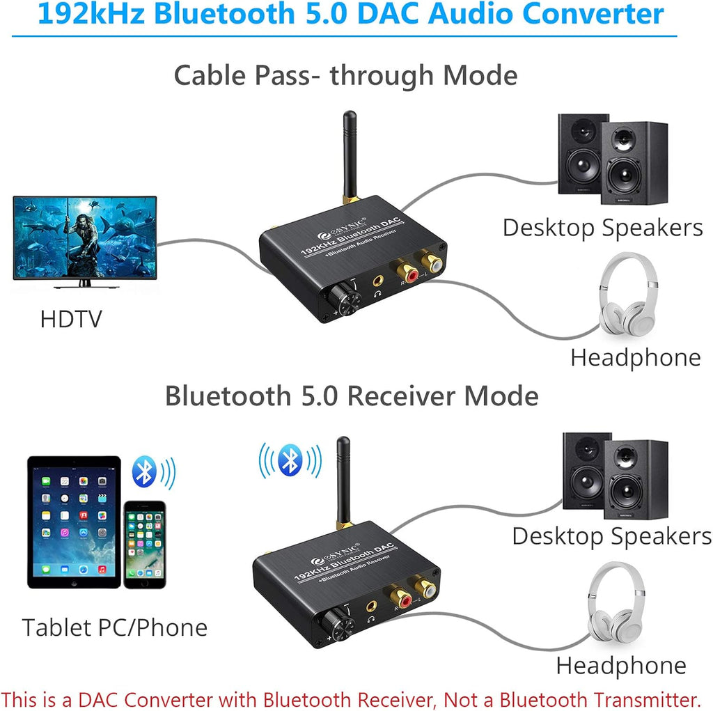 192kHz DAC Digital to Analog Audio Converter with Bluetooth 5.0 Receiver Volume Control Optical Coaxial Toslink RCA 3.5mm J200