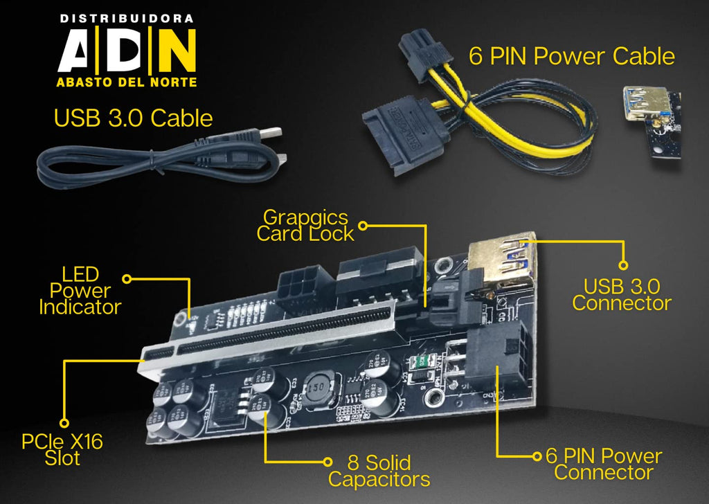 6 Packs PCIe Riser GPU Adapter with 8 Capacitors and LED Lights Q2650