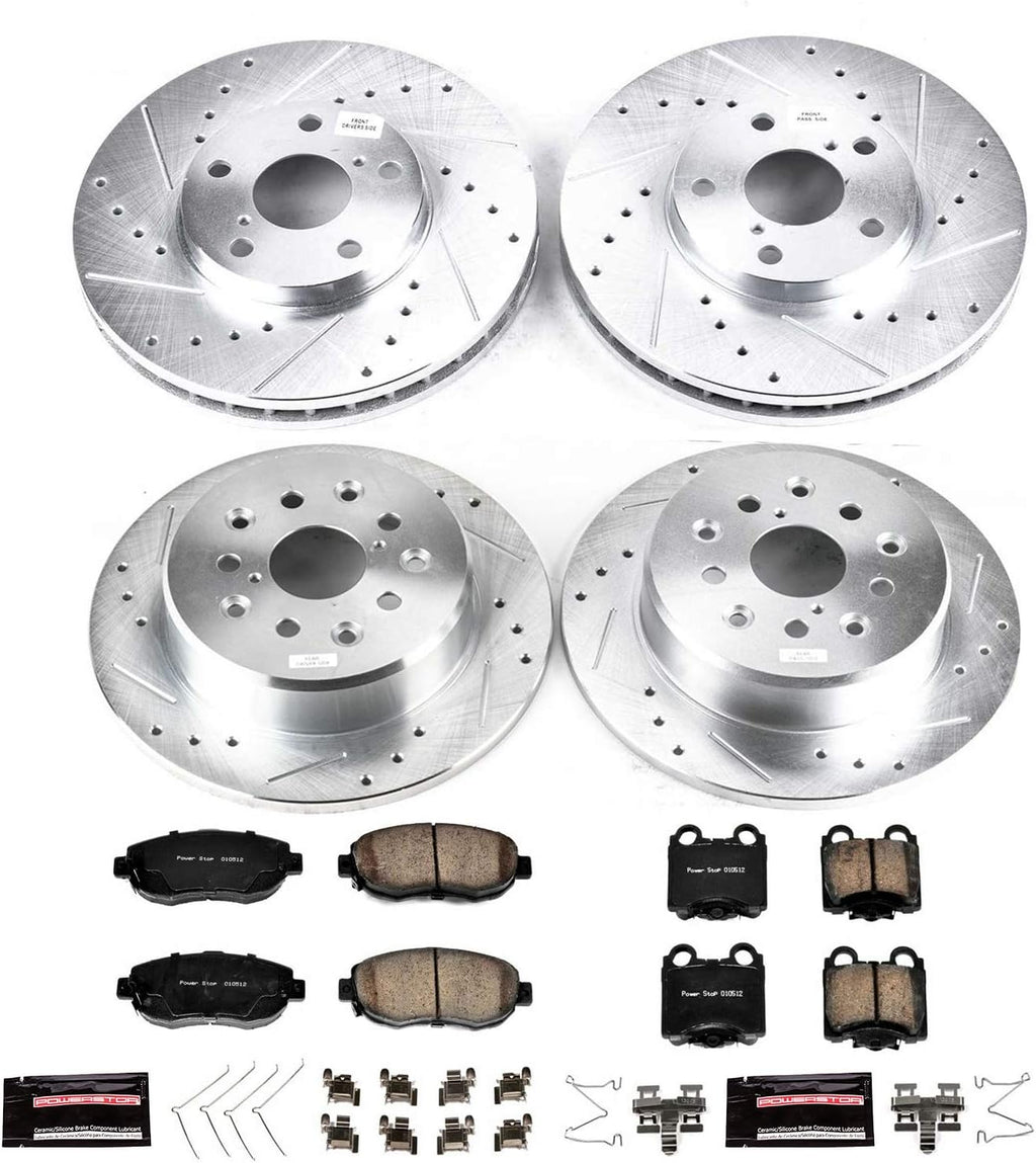 Front and Rear Carbon Fiber Brake Pads with Drilled & Slotted Brake Rotors Kit B34558