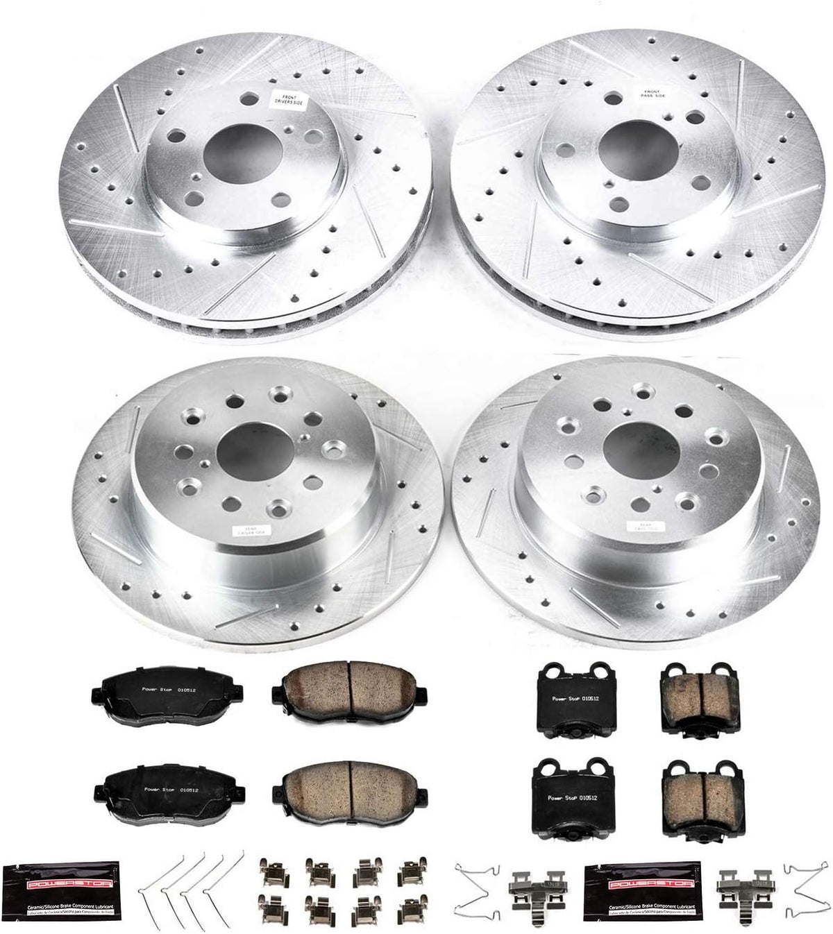 Front and Rear Carbon Fiber Brake Pads with Drilled & Slotted Brake Rotors Kit B34558