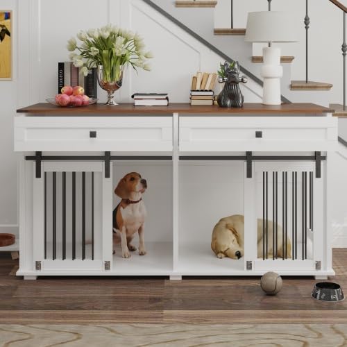 White Wooden Double Dog Crate Furniture with 2 Drawers G909960