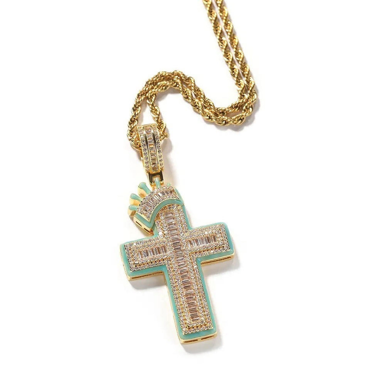 14K Gold Over Finish Simulated Diamond Crucifix Cross Charm Pendant Necklace L40918